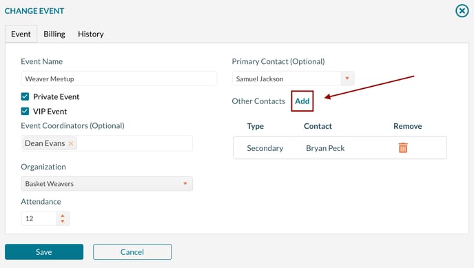 Changing the contacs on an event