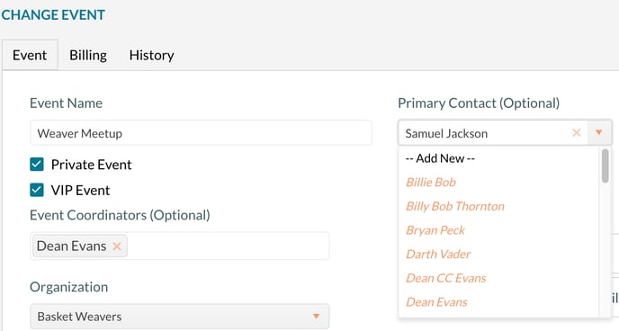 Changing the primary contact on an event