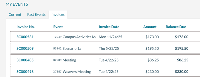A sample of the invoice screen in My Events