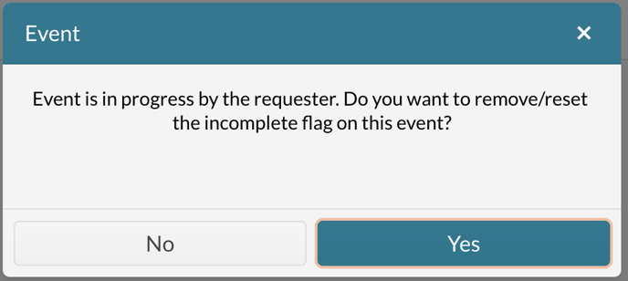 A sample of the message an event planner sees after opening an incomplete event