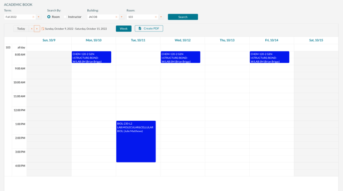 A sample screen showing the academic book for a single room