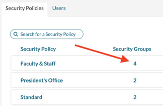 A screenshot of security policies that highlights the security group coiumn