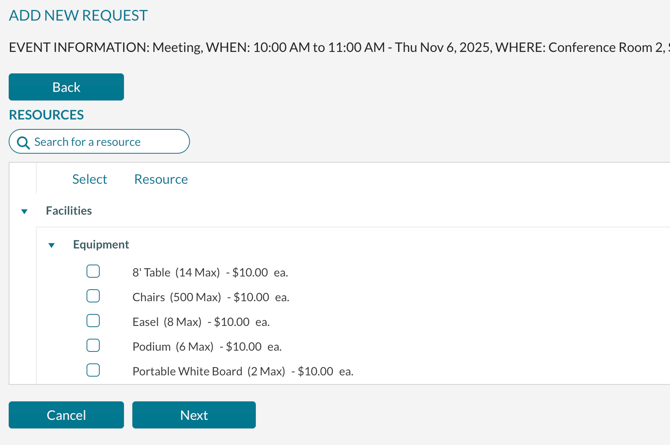 Adding a new request - selecting resources