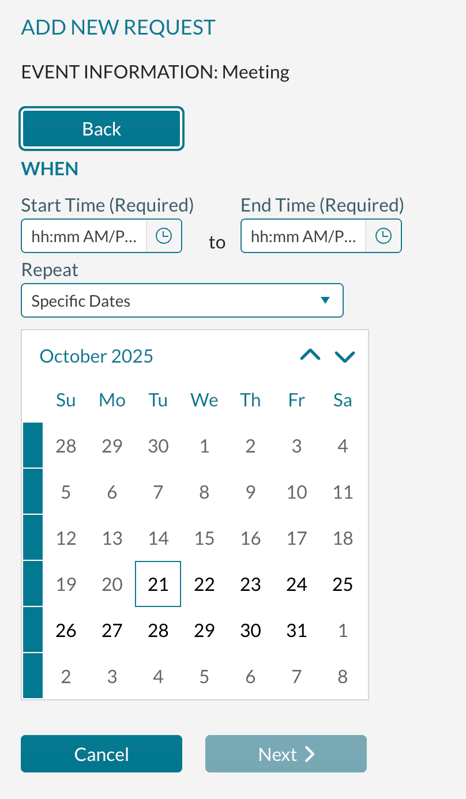 Adding a new request - selecting the date and time