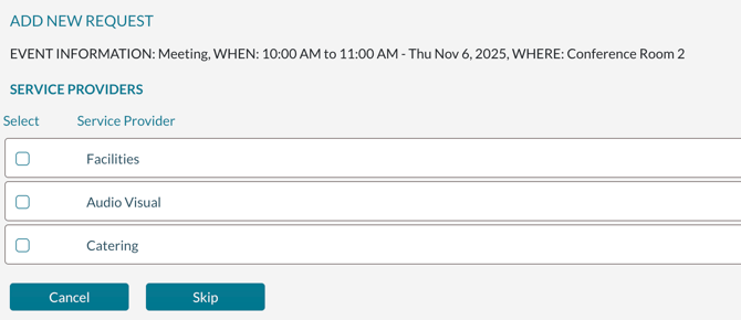 Adding a new request- selecting services