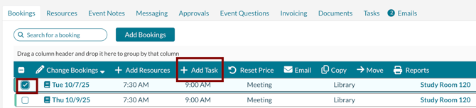 Adding a task to bookings from the event editor