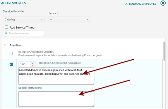 Adding resource notes when adding resources to a booking