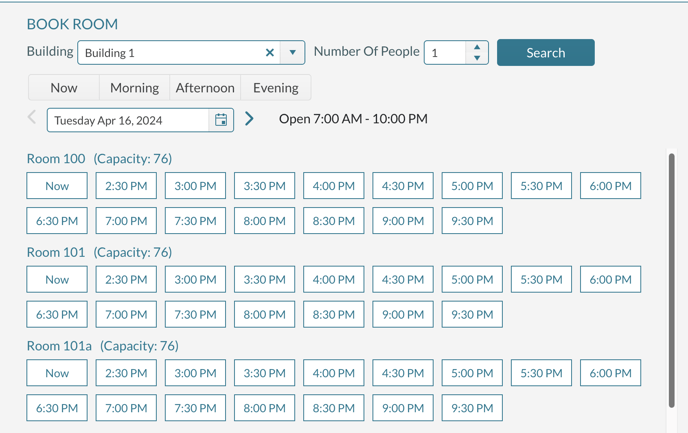 An example of the Book Room display showing available times for each room.