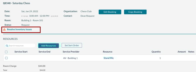 An example of the booking edit screen with the reslove inventory issue link