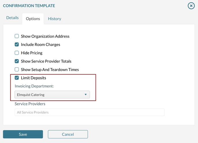 An example of the confirmation template record tied to an inovicing department