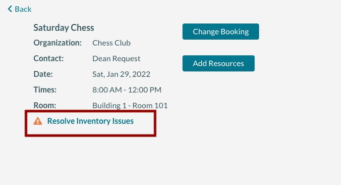 Booking Edit Screen showing the resolve inventory issue link