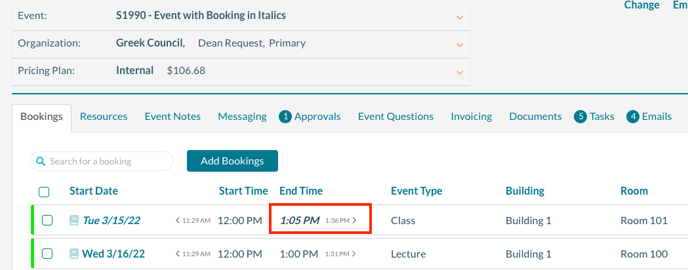 Booking times appear in italics.