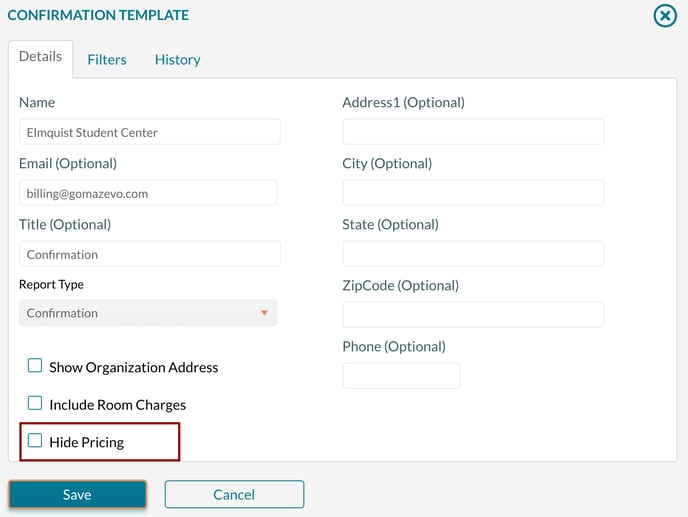 Checking the hide pricing option on a confirmation template