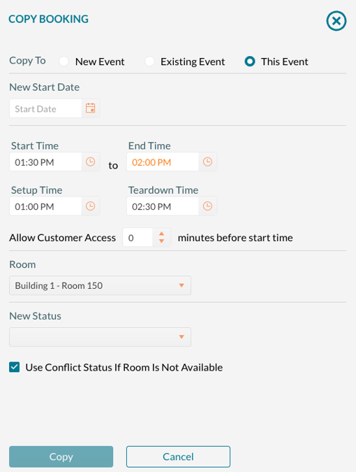 Copying a single booking displays additional options including the ability to change the room, date, time, and status