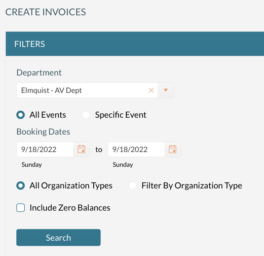 Create Invoices setup screen