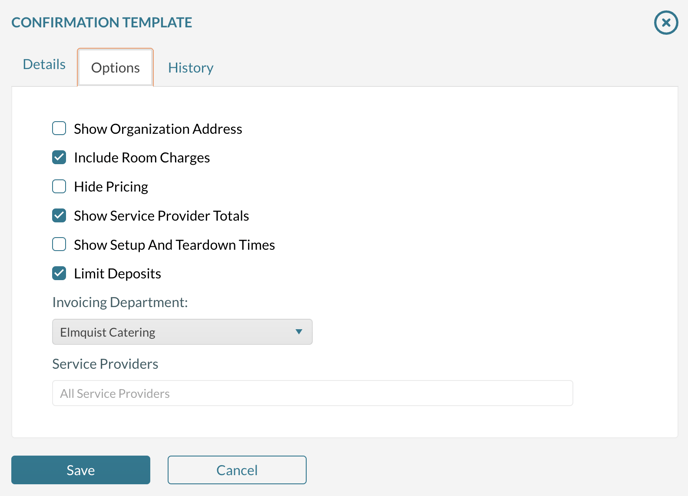 Defining a Confirmatiion Template - The options tab