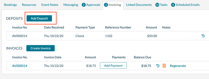 Event Editor - Invoicing tab - Adding Deposits