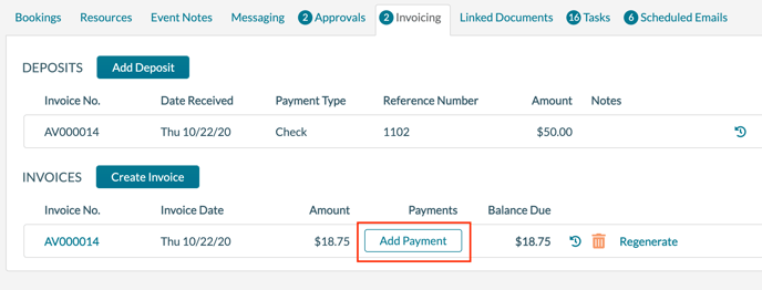 Event Editor - Invoicing tab - Adding a Payment against an invoice