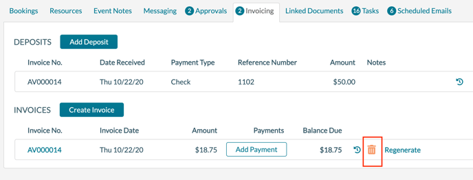 Event Editor - Invoicing tab - Deleting an invoice
