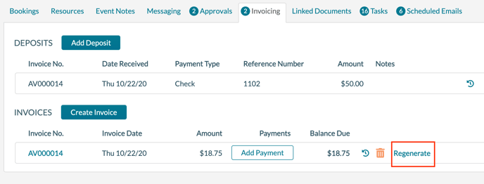 Event Editor - Invoicing tab - Regenerating an invoice