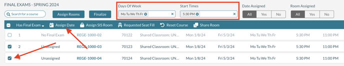 Filtering courses by Day of Week and Start time