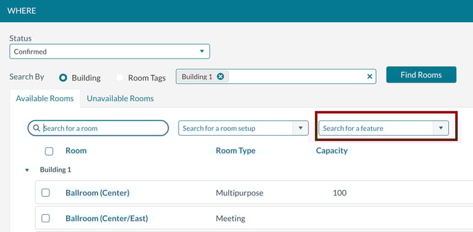 Filtering the list of available rooms to rooms with a specific feature