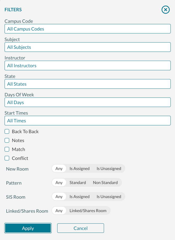 Filters available in the Optimizer