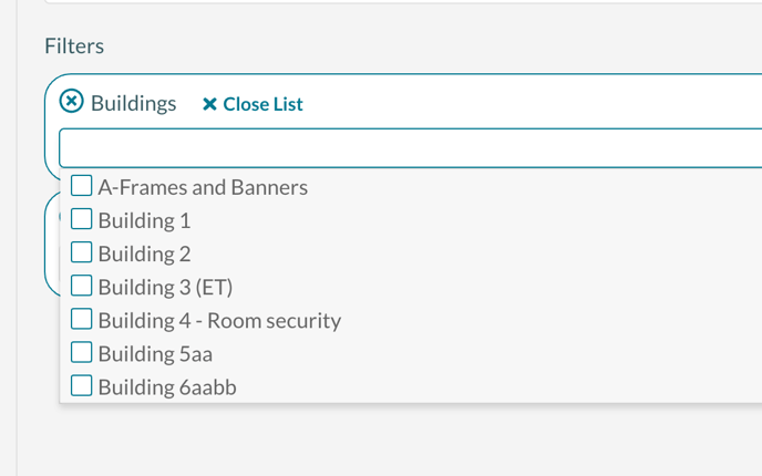 Find Events - Pre Filter - select buildings