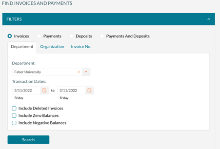 Find Invoices, Payments and Deposit tool