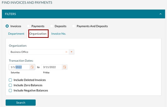 Find all invoices for a specific organization
