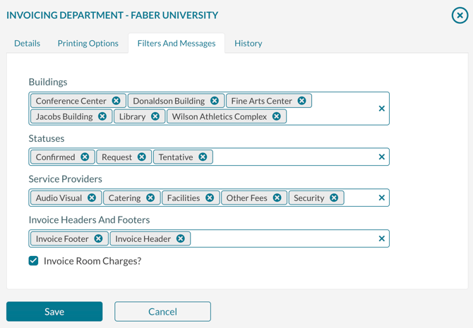 Invoicing Department Configuration screen showing the filtering tab