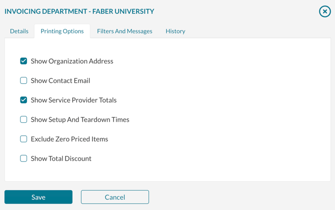 Invoicing Department Configuration screen showing the printing options tab