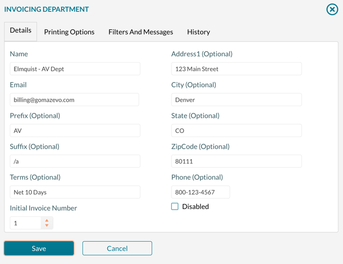 Invoicing Departments - Editing the department information