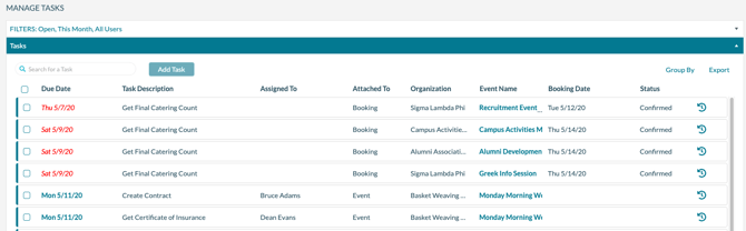 Manage Tasks - Results grid