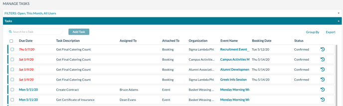 Manage Tasks - Results grid