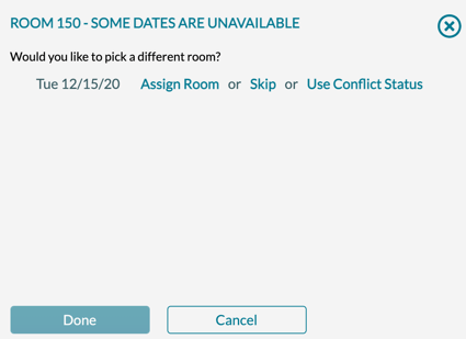Options when creating a new event and the room is not available on some of the dates being requested
