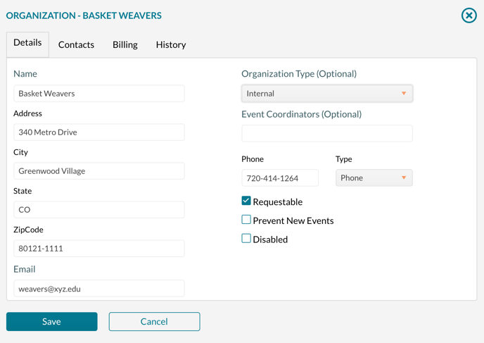 Organizations add and edit form