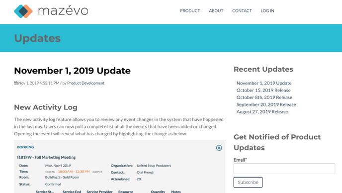 Sample of Mazevo Product Update page