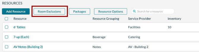 Resources - Room Exclusion button