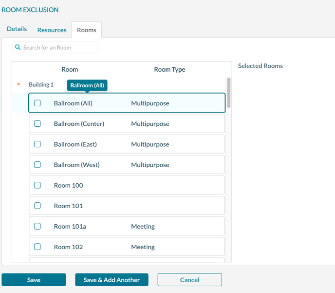 Room Exclusion - Add - Room Tab