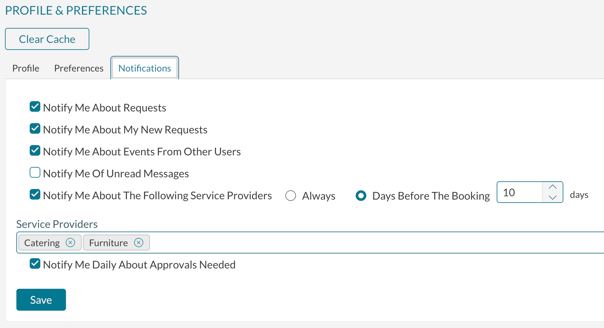 Sample of the options available on the  Profile and Preferences Notification tab
