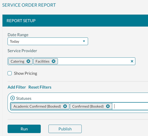Service Order Report setup screen