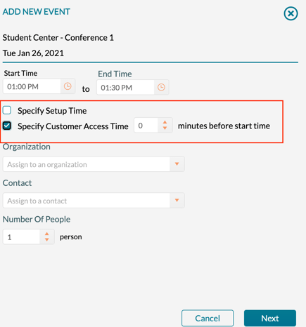 Specifying customer access time when adding a new event from the book