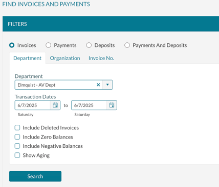 The Find Invoices screen that shows the option to show the aging columns