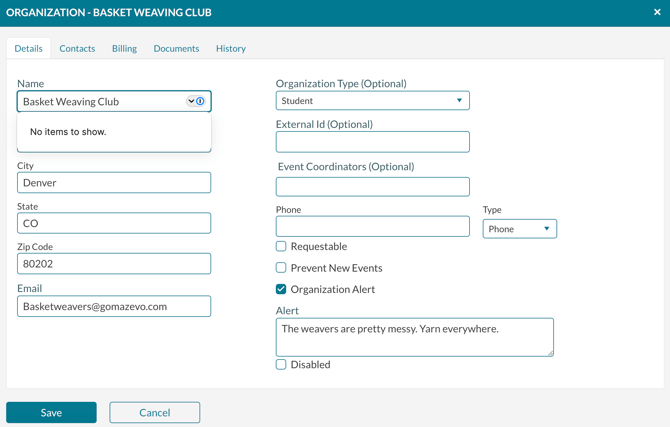 The Organization screen used for creating and editing organizations