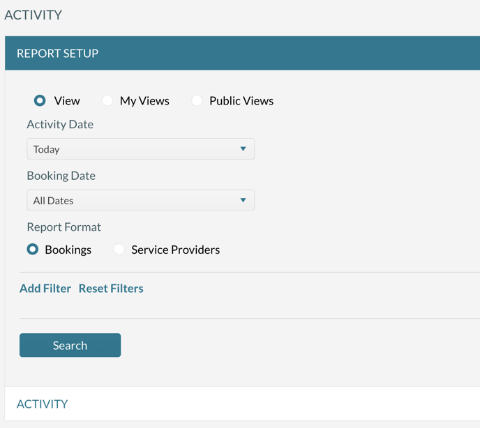 The activity log filtering screen