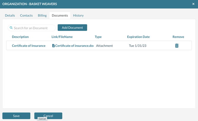 The documents tab on the organization add - edit form.