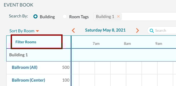 The filter rooms link on the Event Book
