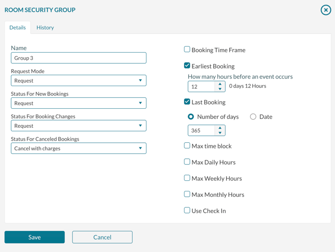 The information required when creating a room security group.
