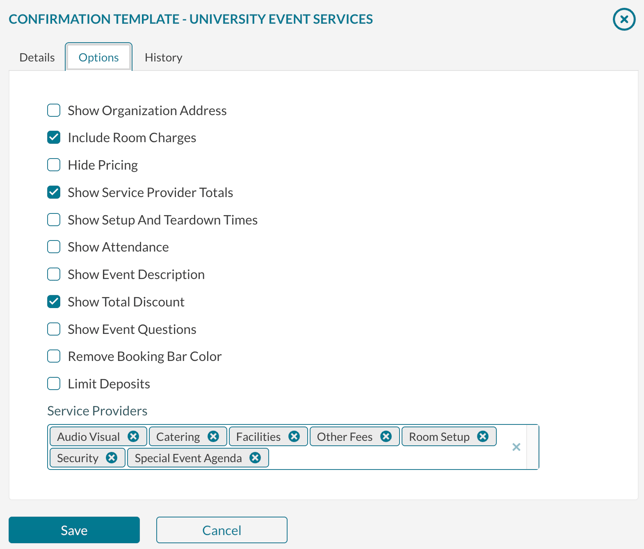 The options available for the confirmation template